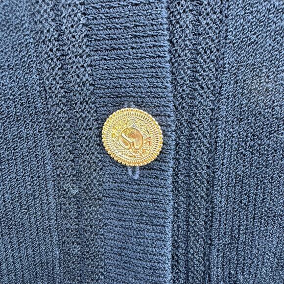 St. John Petite Black Santana Knit 2pc Skirt Suit Set Gold Button Cardigan Mini - Picture 3 of 16